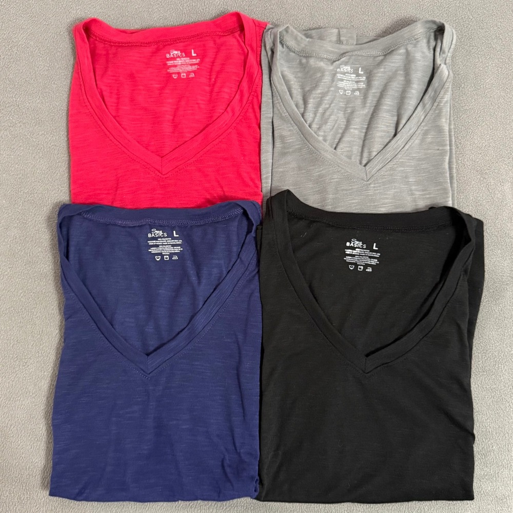 Sexy Basics V-Neck T-Shirt Women Large Multicolor 4-Pack Excellent Slub Knit